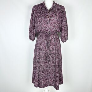 Vintage 70s Ms. Sugar Burgundy Pink Ditsy Floral Midi Dress Secretary Small